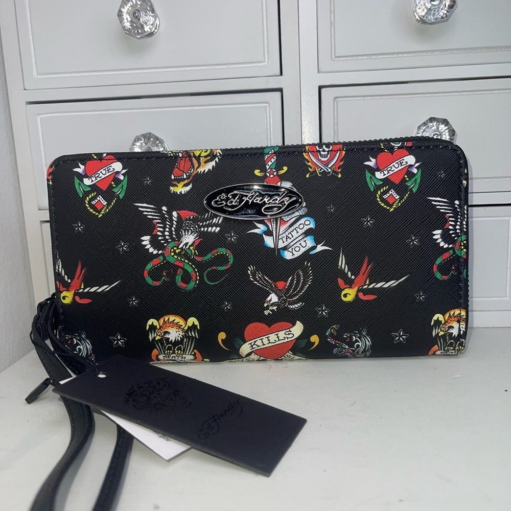 NWT Ed Hardy Black Zip Around Closure Wallet with Colorful Tattoo Graphics
